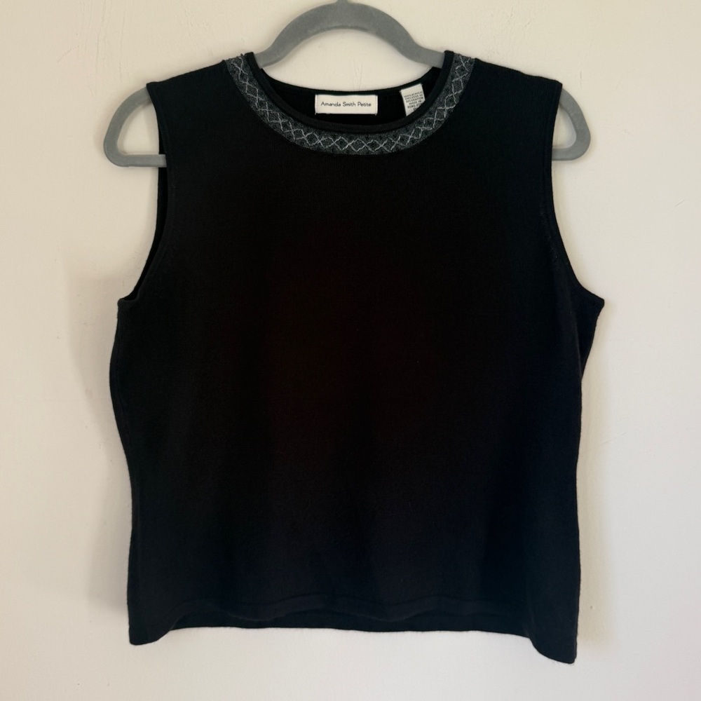 Vintage 90s Amanda Smith Beaded Black Knit Sleeveless Sweater Top Large Petite